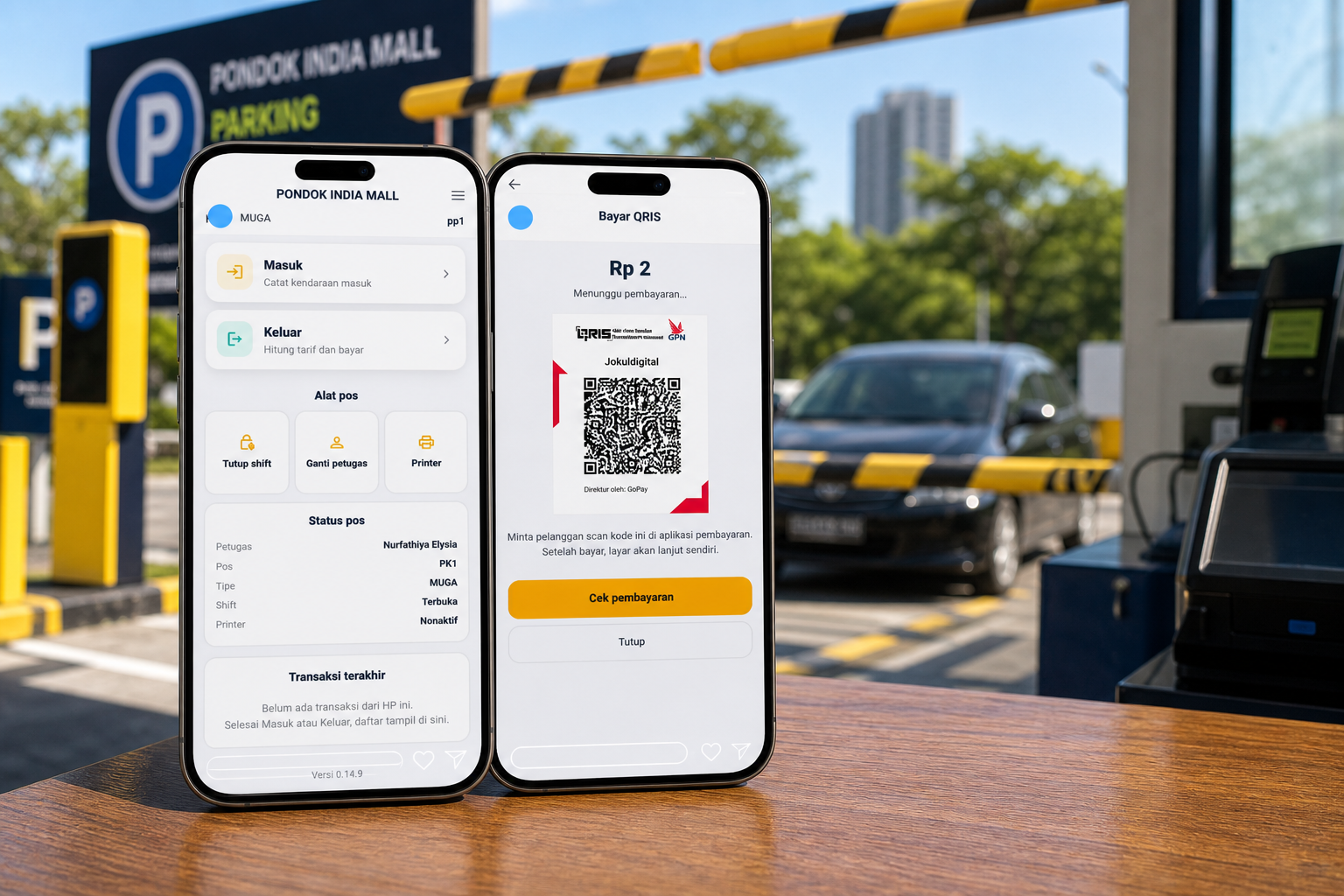 Layar JodiMobile: beranda masuk–keluar dan pembayaran QRIS