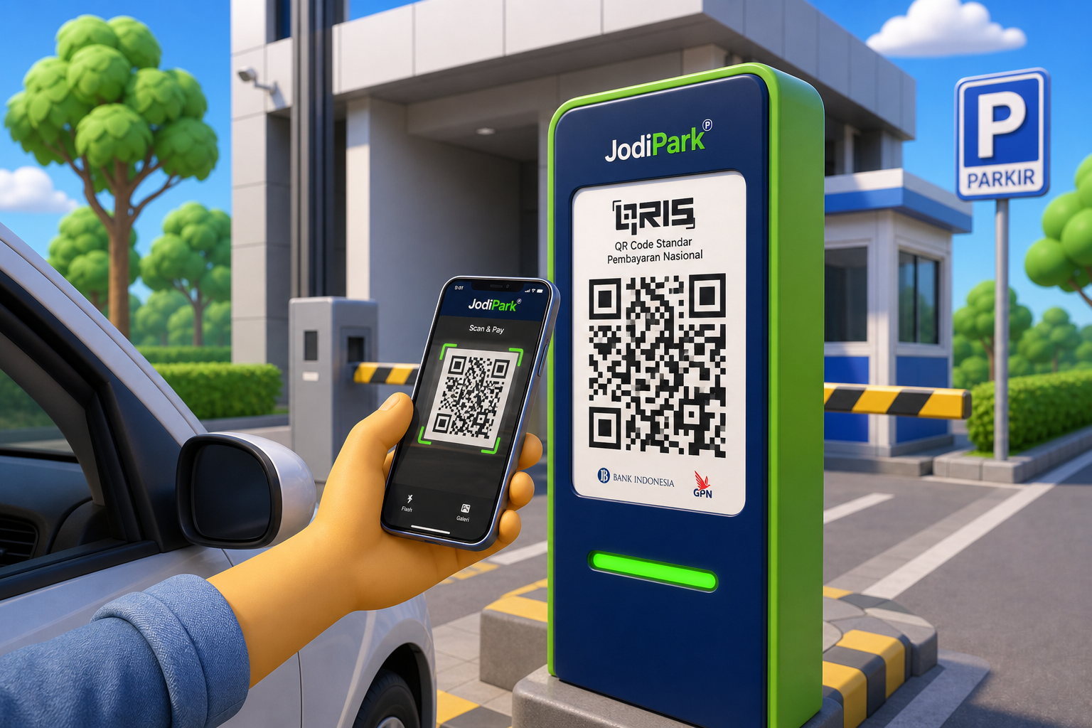 Pengunjung membayar parkir dengan memindai QRIS di kiosk