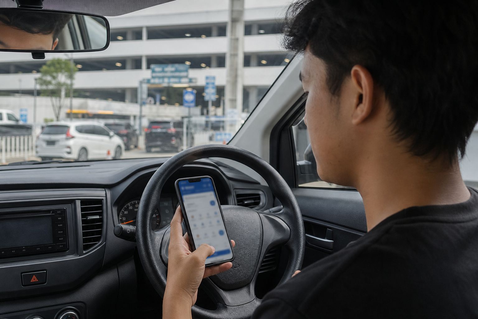 Pengemudi melihat informasi parkir di ponsel dari dalam mobil