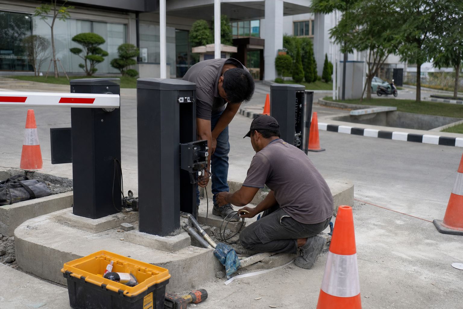Teknisi memasang palang parkir baru di island beton