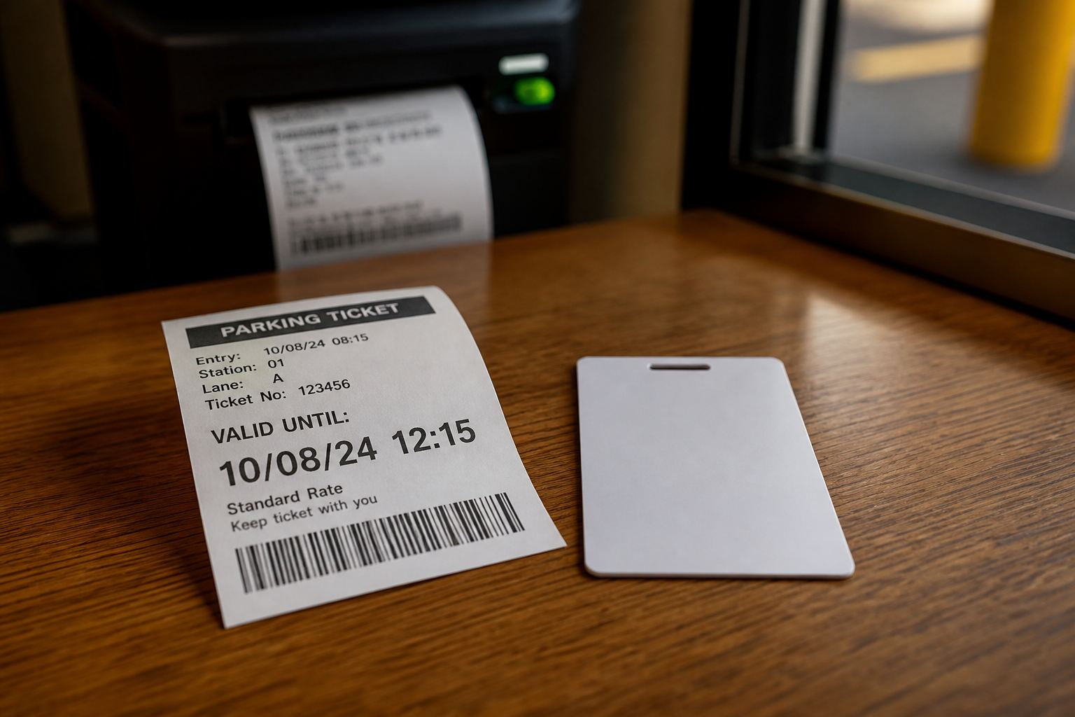 Kartu langganan parkir dan tiket kertas di meja pos gerbang