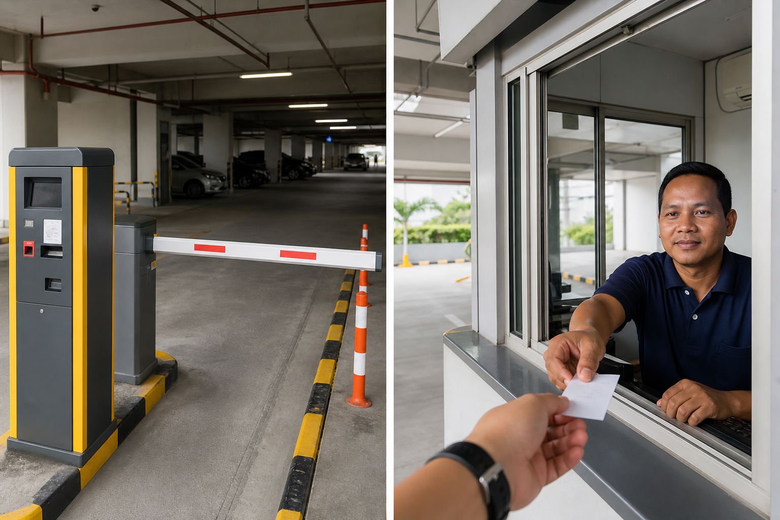 Dua petugas parkir di gerbang mall dengan palang otomatis