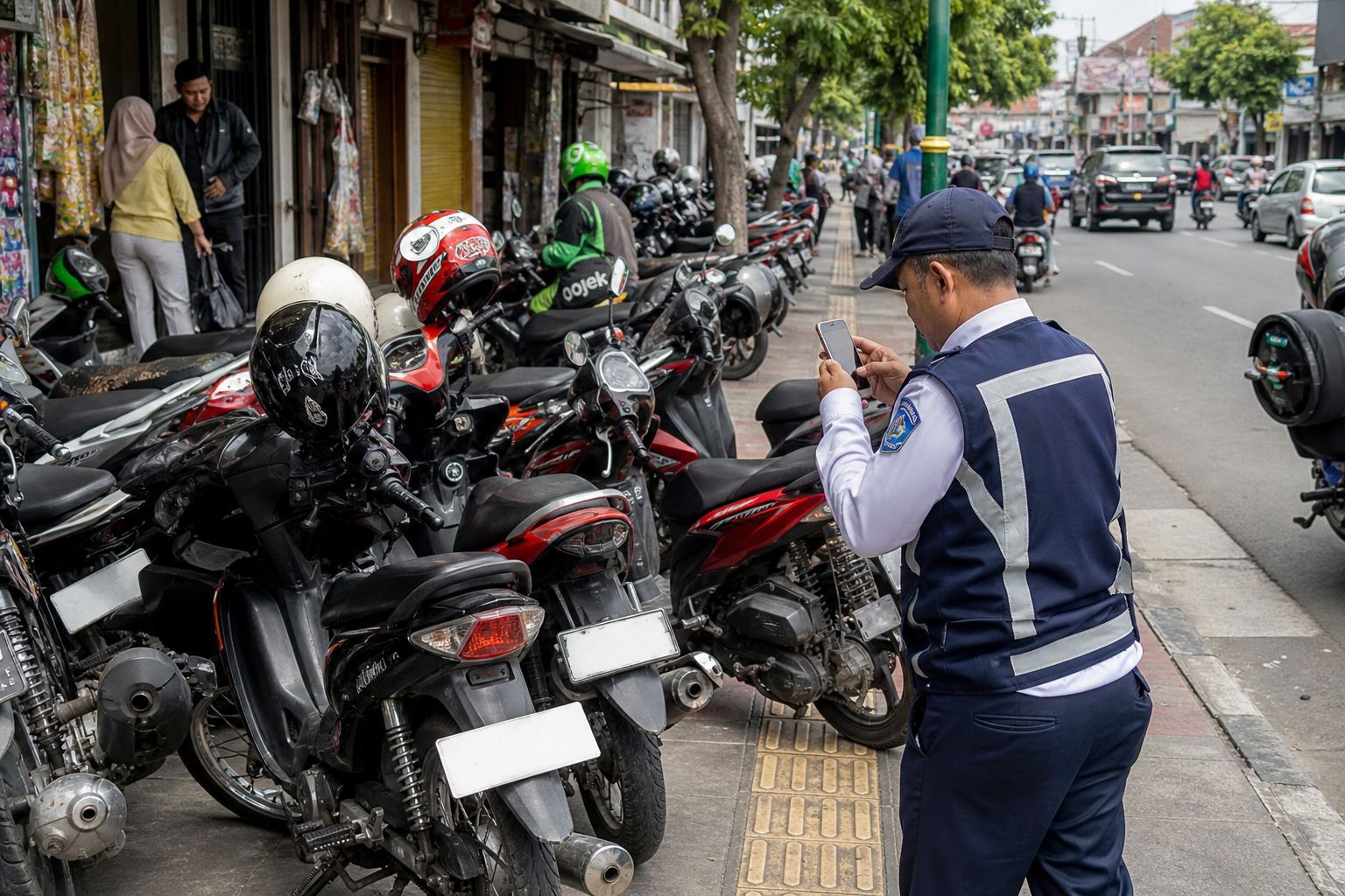 Petugas memotret motor yang parkir di tepi jalan kota