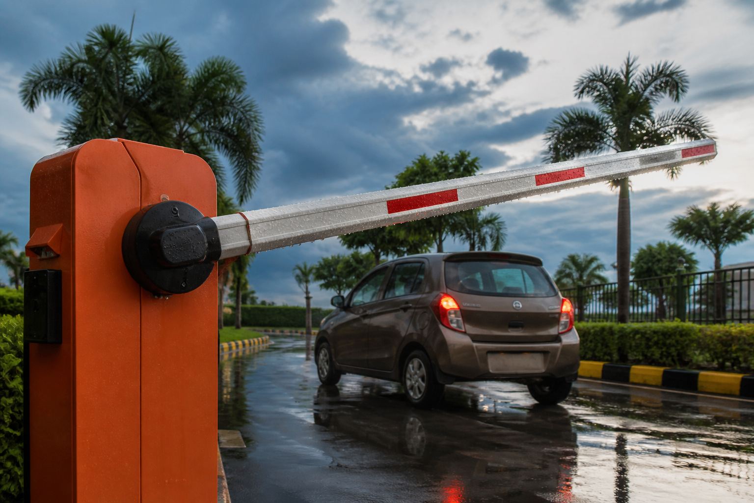 Palang parkir otomatis terbuka di atas jalur aspal basah