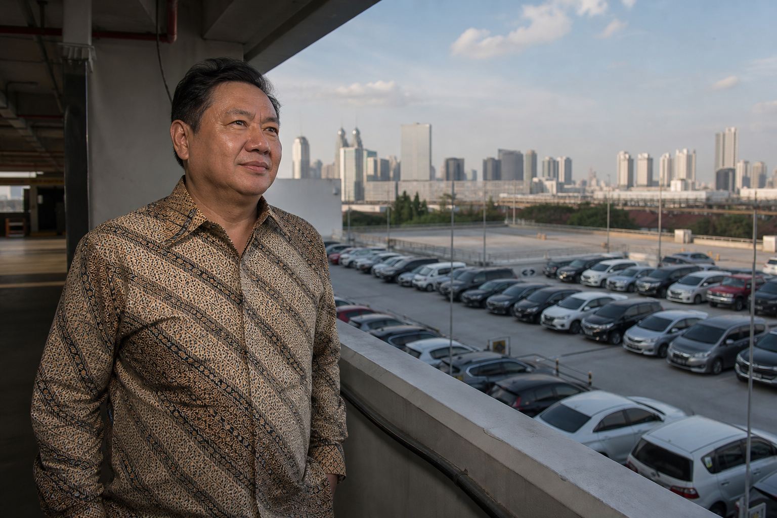 Owner meninjau lantai parkir mall dari sisi atas