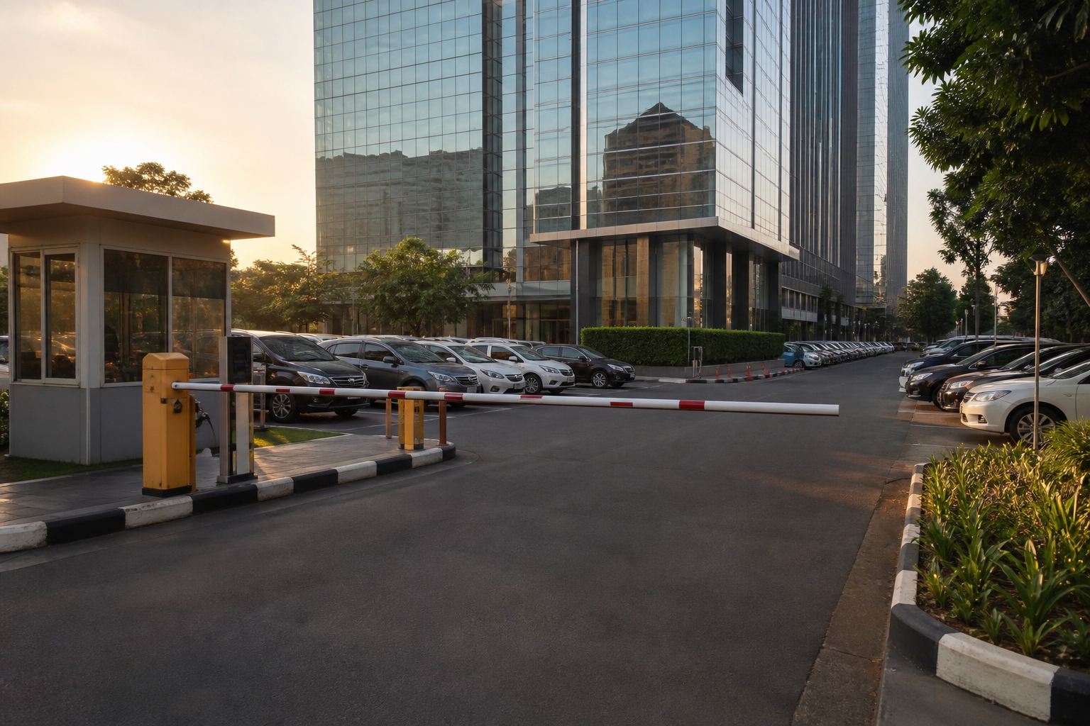 Parkir gedung perkantoran dengan palang masuk di pagi hari
