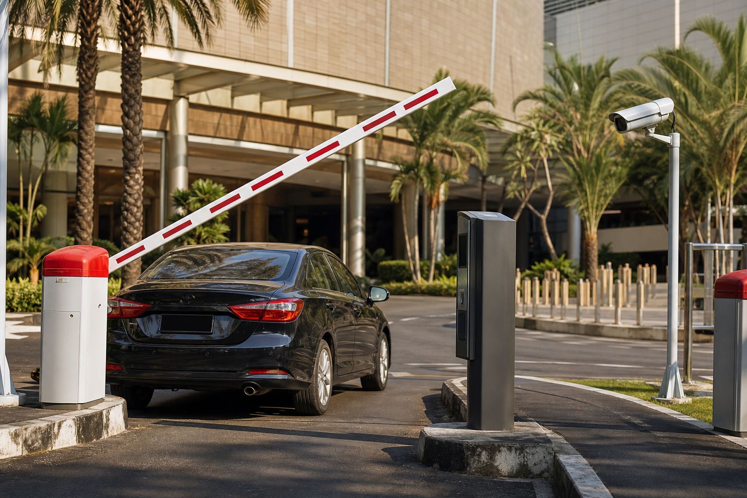 Gerbang masuk parkir mall dengan palang otomatis dan antrian mobil