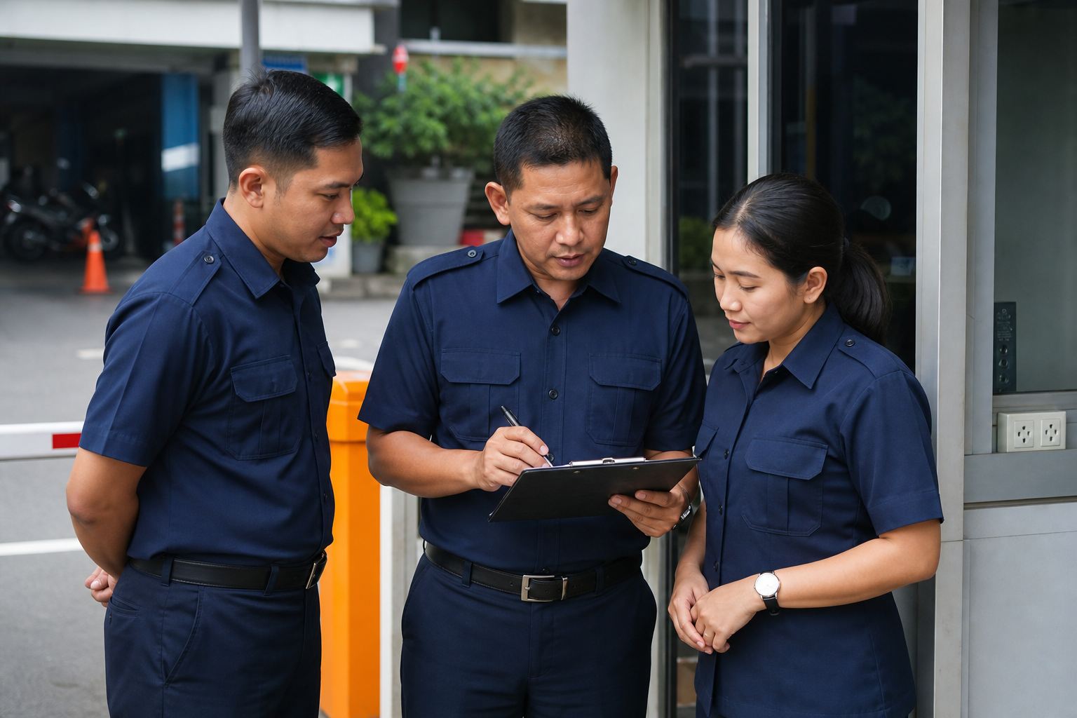 Petugas parkir menerima arahan operasional di pos gerbang