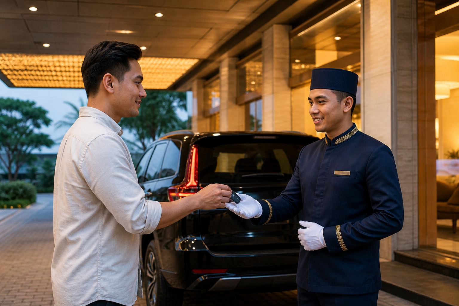 Petugas valet hotel menerima kunci mobil dari tamu di pintu masuk