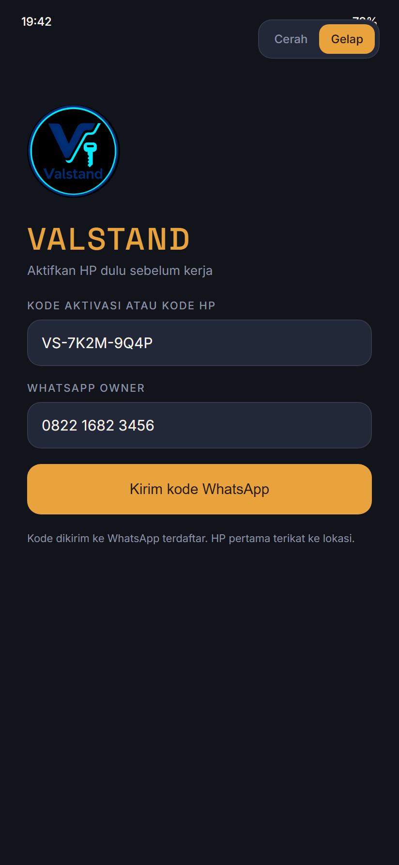 Layar aktivasi kode VS dan WhatsApp owner