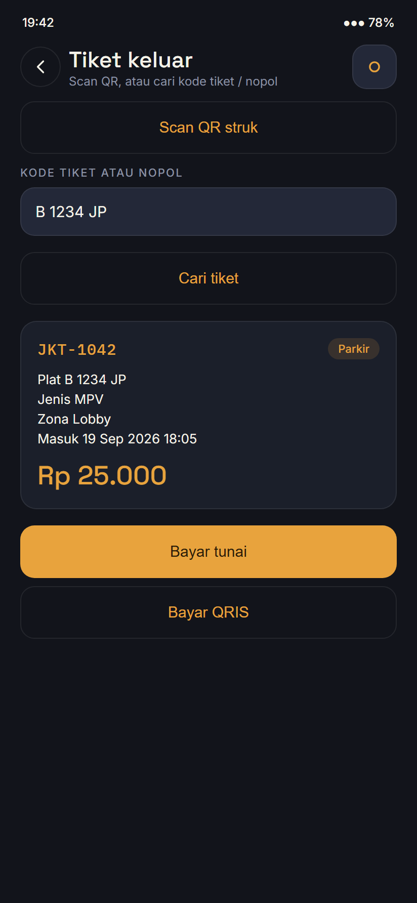 Tiket keluar: cari nopol, tarif Rp 25.000, tombol bayar tunai atau QRIS