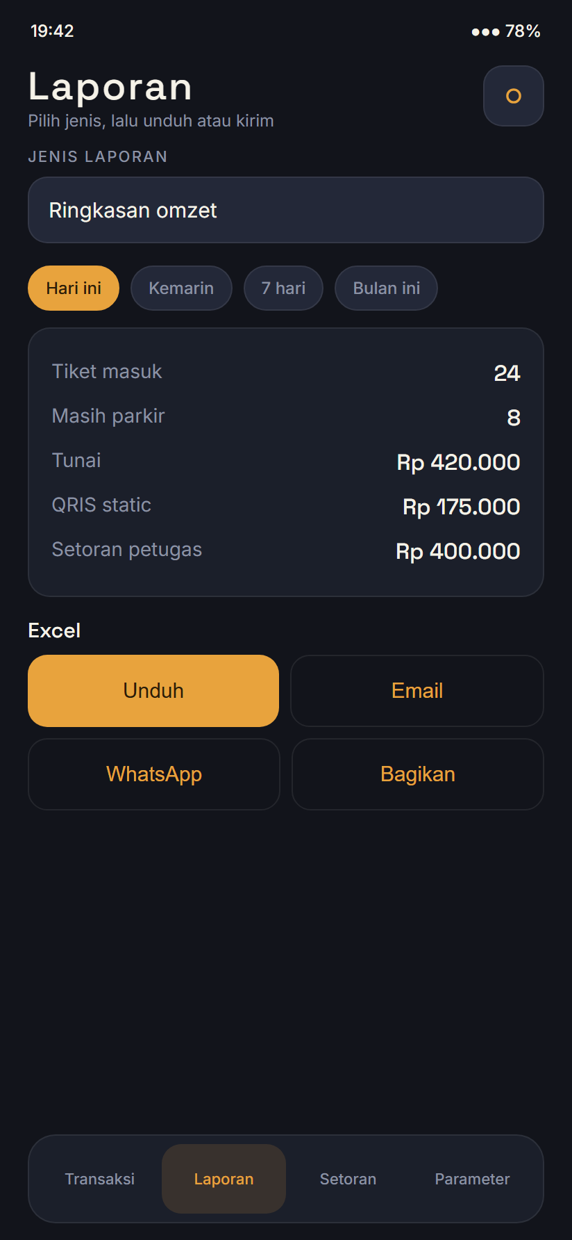 Layar Laporan Valstand: omzet tunai, QRIS static, setoran, unduh Excel