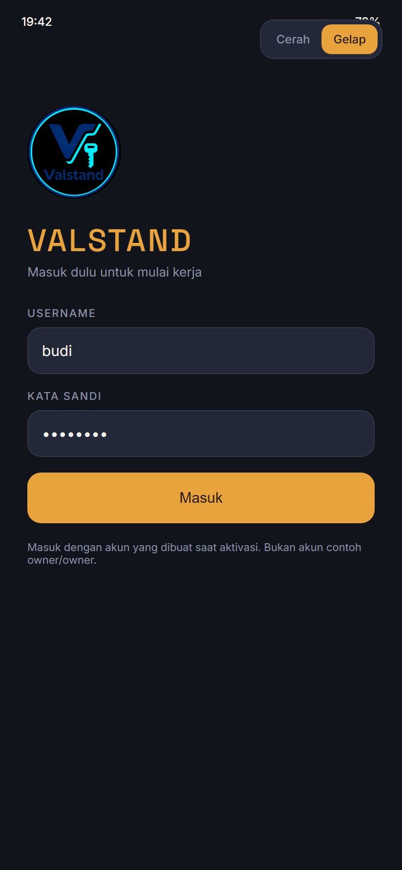 Layar masuk Valstand