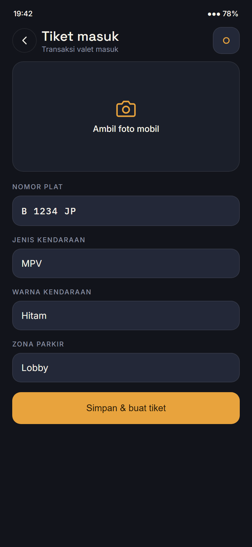 Form tiket masuk: foto mobil, nopol B 1234 JP, jenis MPV, zona Lobby