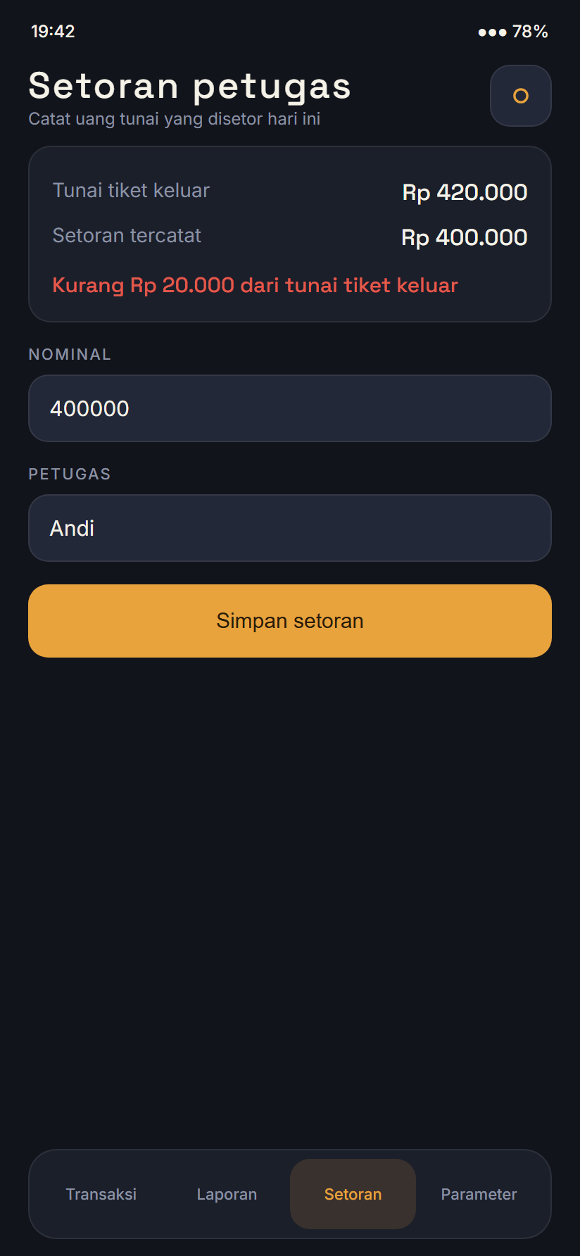 Layar setoran petugas
